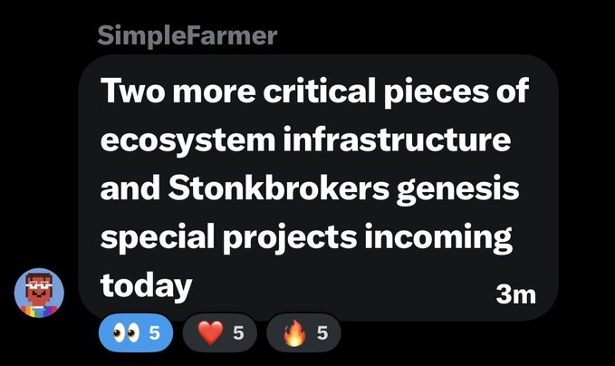 A Discord message from user "SimpleFarmer" with 5 eyes, 5 hearts, and 5 fire reactions reads: "Two more critical pieces of ecosystem infrastructure and Stonkbrokers genesis special projects incoming today," teasing upcoming drops for the Stonkbrokers ecosystem that the post highlights with mentions of @clockincoin, @sleuthintel, and @sleuthio.