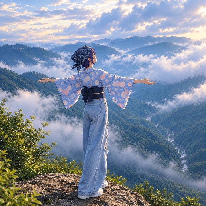 Anime-style illustration of a woman in a blue floral kimono and jeans standing on a cliff edge with arms outstretched, overlooking a misty mountain valley at sunrise.