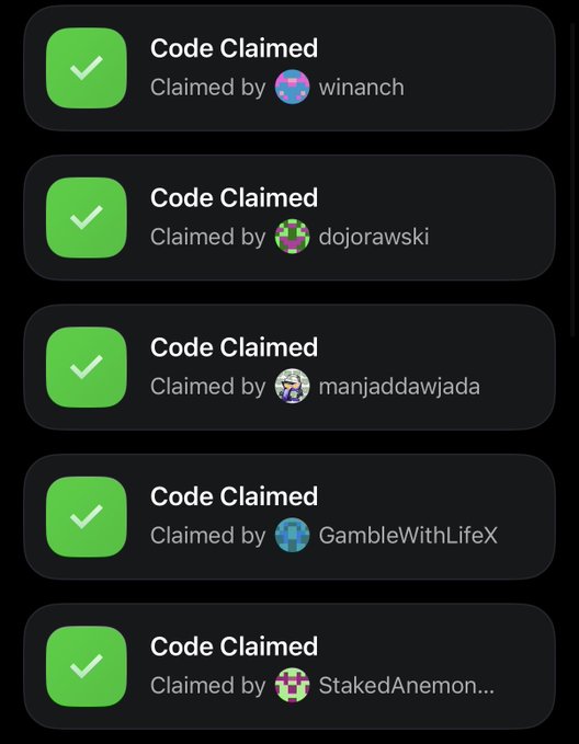 A screenshot showing multiple 'Code Claimed' notifications by users including winanch, dojorawski, manjaddawjada, GambleWithLifeX, and StakedAnemon...