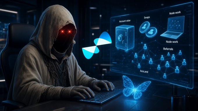 A hooded figure with glowing red eyes types on a laptop in a dark room, with a holographic blue display showing network diagrams for 'Account value', 'Swaps', 'Node work', 'Referrals', and 'Account', alongside butterfly and logo graphics.