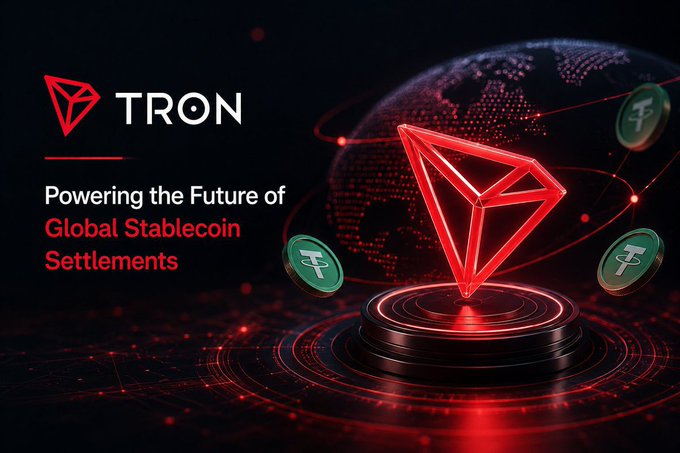 Promotional graphic for TRON with the tagline 'Powering the Future of Global Stablecoin Settlements,' featuring a red 3D Tron logo and coins over a dark globe.