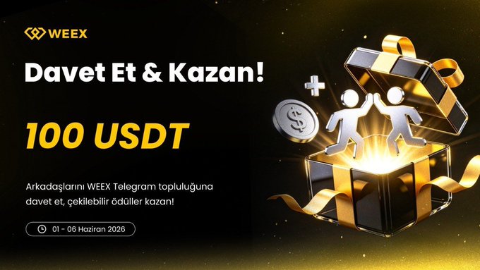 The image features a black background with gold text that reads "Davit Et Kazan! 100 USDT!". The text also includes a description of a prize pool for a Telegram community event. The prize pool consists of a gift box containing two people, one of whom is holding a coin and the other has their arms raised in celebration. The post encourages users to invite friends to join the Telegram community and participate in the prize pool by entering the top 5 participants into the chat.