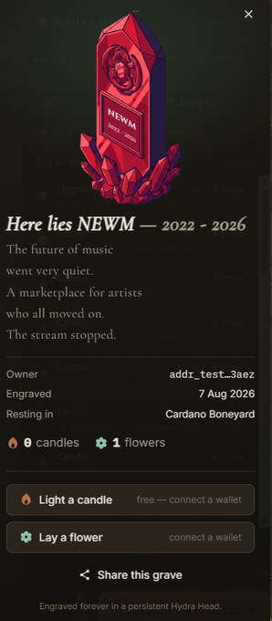 A digital memorial or tombstone interface titled 'Here lies NEWM — 2022 - 2026' with the epitaph 'The future of music went very quiet. A marketplace for artists who all moved on. The stream stopped.' showing 0 candles and 1 flower on Cardano Boneyard.