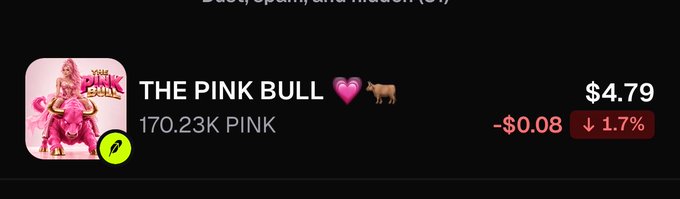 A digital interface displays information for 'THE PINK BULL' token with a price of $4.79, showing a decrease of $0.08 (1.7%) and a market cap of 170.23K PINK.