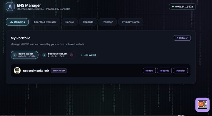 A screenshot of the 'ENS Manager' interface showing an Ethereum Name Service portfolio with the domain 'spacedmonke.eth' linked to a Bankr Wallet.