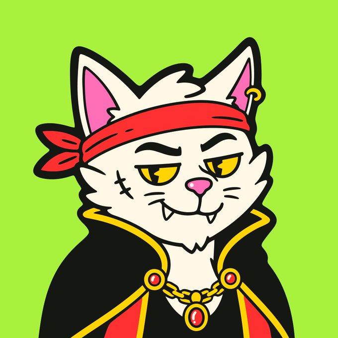 A cartoon illustration of a white cat with a red bandana, fangs, and a black and red cape on a green background.