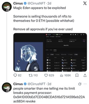 A screenshot of a tweet by Cirrus (@CirrusNFT) warning that Magic Eden appears to be exploited, with someone selling thousands of NFTs for 0 ETH (possible whitehat hack), advising users to remove all approvals. The tweet includes a wallet address: 0x9A1D00bEd7CD04BCDA516d721A596eb22AAc6834.