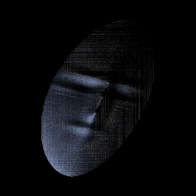 A pixelated, dark abstract artwork resembling a face with closed eyes against a black background.