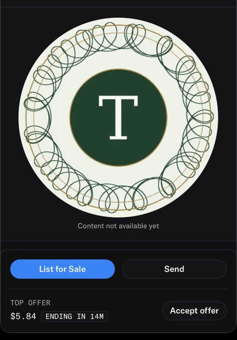 A digital collectible/NFT listing page showing a circular design with a 'T' monogram and decorative border, with buttons for 'List for Sale' and 'Send', showing a top offer of $5.84.