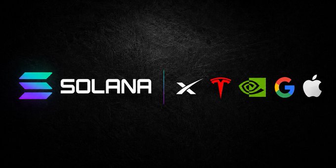 The image displays the Solana logo alongside logos of Tesla, NVIDIA, Google, and Apple with an "X" symbol between them, suggesting a partnership or competition. The text "SOLANA" is prominently featured, indicating that Solana dominates tokenized stock trading volume compared to these major tech companies.