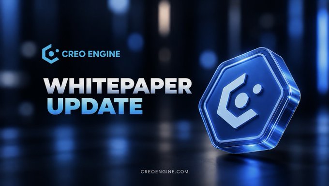A promotional graphic for "CREO ENGINE" featuring a blue hexagonal logo and the bold text "WHITEPAPER UPDATE," with the website "CREOENGINE.COM" displayed at the bottom. The sleek, futuristic blue design visually reinforces the announcement of the newly released whitepaper update, which highlights the revised circulating supply and a deeper exploration of the CreoPlay AI platform for accessible game creation.
