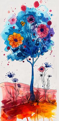 Vibrant watercolor and ink illustration of a stylized tree with blue, pink, and orange flowers set against a white background.