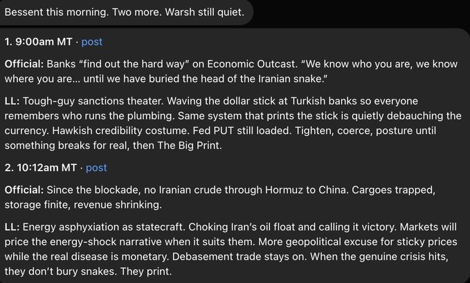 A dark-mode text post analyzing geopolitical news, referencing "Bessent" and "Warsh," with timestamps "1. 9:00am MT" and "2. 10:12am MT," discussing Iran sanctions and oil blockades.
