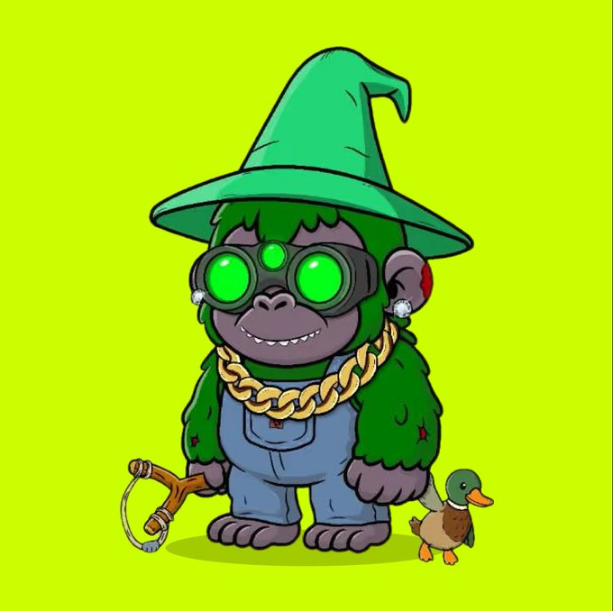 A cartoon illustration of a monkey wearing a green wizard hat, green glowing goggles, gold chain necklace, and blue overalls, standing next to a duck on a green background.