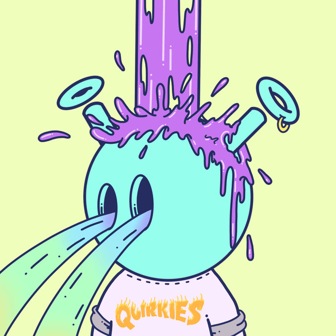 A cartoon illustration depicts a teal octopus-like character wearing a 'QUIRKIES' t-shirt, with purple liquid splashing onto its head against a yellow background.
