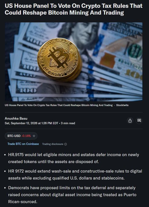 A news article titled 'US House Panel To Vote On Crypto Tax Rules That Could Reshape Bitcoin Mining And Trading' by Anushka Basu, dated September 12, 2026, with an image of a Bitcoin on US currency.