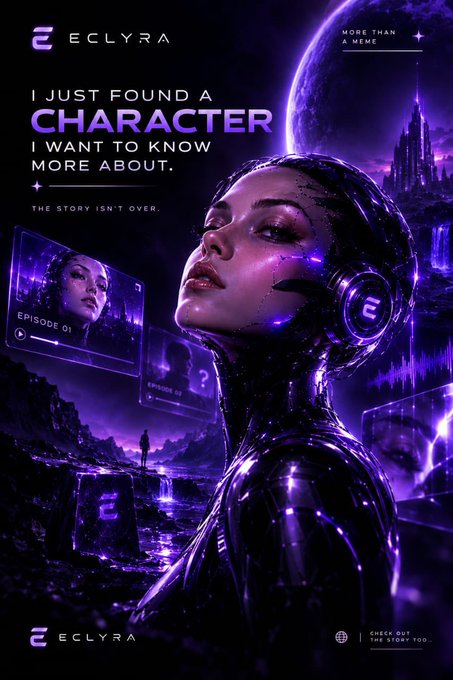 A purple-toned promotional poster for 'ECLYRA' featuring a futuristic female android with headphones, with text reading 'I JUST FOUND A CHARACTER I WANT TO KNOW MORE ABOUT' and 'THE STORY ISN'T OVER.'