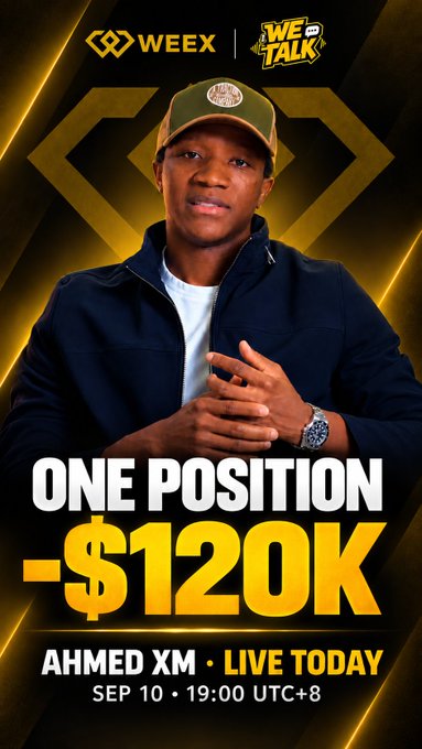 A promotional graphic for WEEX's "WE TALK" series features Ahmed XM, a young man wearing a green cap and dark blue jacket, set against a black and gold geometric background, with bold text highlighting a "ONE POSITION -$120K" loss and announcing the live episode on September 10 at 19:00 UTC+8.
