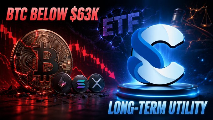 A graphic reading "BTC BELOW $63K" with a falling chart, showing a Bitcoin coin alongside the Sui (S) logo labeled "LONG-TERM UTILITY" and "ETF," with Ethereum, Solana, and XRP logos in the center.