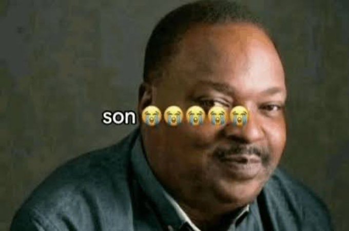 A meme featuring a man looking sideways with the caption 'son 😭😭😭😭😭' overlaid on the image.