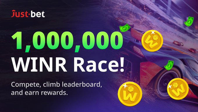 Promotional graphic for 'Just.bet' advertising a '1,000,000 WINR Race' with text 'Compete, climb leaderboard, and earn rewards,' showing a race car and gold WINR tokens.
