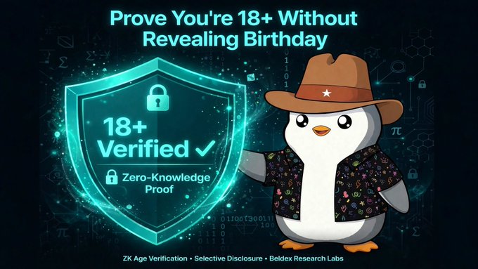 A promotional graphic titled 'Prove You're 18+ Without Revealing Birthday' features a penguin mascot in a cowboy hat next to a glowing shield reading '18+ Verified' and 'Zero-Knowledge Proof', with 'ZK Age Verification + Selective Disclosure • Beldex Research Labs' at the bottom.