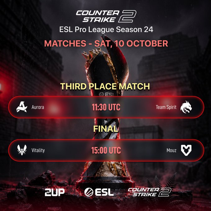 A promotional graphic for Counter-Strike 2 ESL Pro League Season 24 matches on Saturday, October 10th, listing a third place match (Aurora vs. Team Spirit at 11:30 UTC) and a final (Vitality vs. Mouz at 15:00 UTC).