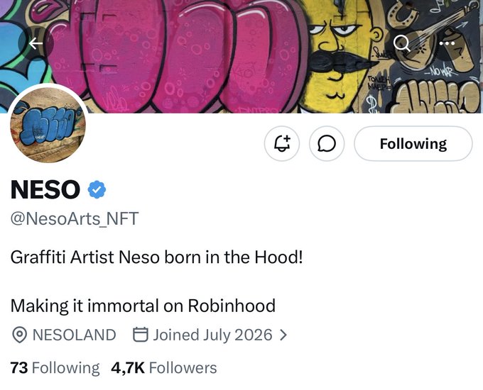 A Twitter profile page for NESO (@NesoArts_NFT), a graffiti artist showcasing 4.7K followers, featuring bold pink bubble-letter graffiti art as the banner. The post promotes an early NFT entry from this "Graffiti Artist Neso born in the Hood," referencing Robinhood and asking "Who needs GTD?"