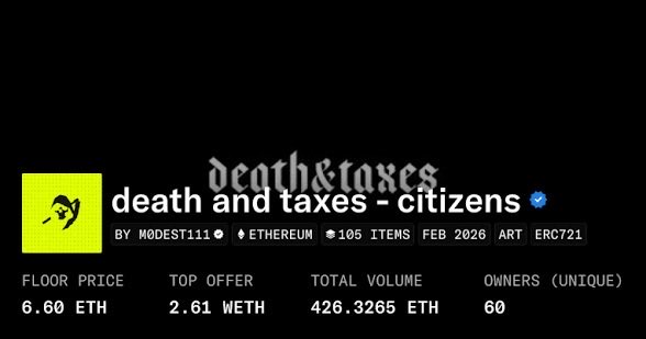 An NFT listing screen showing 'death and taxes - citizens' by MODEST111 on Ethereum, with a floor price of 6.60 ETH, top offer of 2.61 WETH, and 60 unique owners.