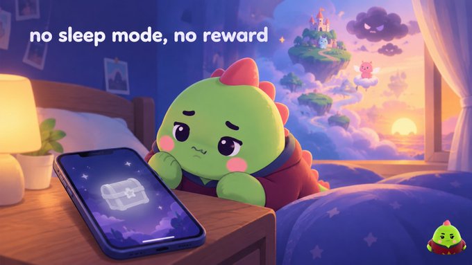 An adorable green cartoon dinosaur looking sad while looking at a smartphone displaying a treasure chest icon, with the text 'no sleep mode, no reward' at the top, set in a dreamy bedroom scene.