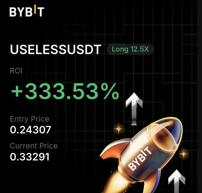 Bybit promotional image showing a USELESSUSDT long position with 12.5X leverage, an ROI of +333.53%, an entry price of 0.24307, and a current price of 0.33291.