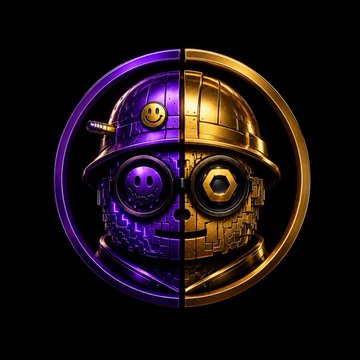 A robotic face wearing a hard hat and headphones is split down the middle, with the left half rendered in purple and the right in gold. The dual-toned design symbolizes the tension in NFT culture—contrasting the speculative, profit-driven side (gold) with the creative, community-rooted identity (purple)—reinforcing the post's call to return to art, story, and meaning beyond the mint.