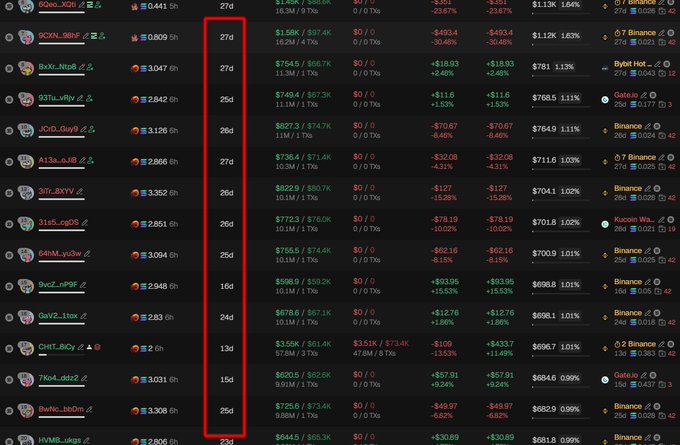 The image shows a leaderboard of cryptocurrency traders with usernames like XSoc_XOR, 9CAN_9BNF, and BxXc_Ni98, displaying trading metrics such as win rates (e.g., 27d, 25d, 16d) and portfolio values, with one column highlighted in a red box to emphasize the number of consecutive winning days. The red highlighting likely points to suspiciously high win streaks as evidence supporting the claim that the associated $dogi token (CA 9LRi6EXPUebHqE2LHfmvioQKAKAUHEnhCRgpKDjepump) is a bundled scam run by coordinated wallets with artificially inflated performance.