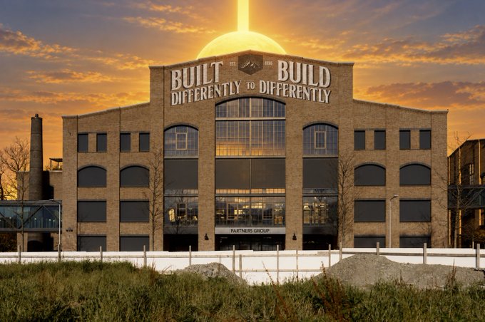 The image shows Partners Group's headquarters at sunset, featuring the iconic "Built Differently to Differently" signage with the company name displayed above the entrance. This visually reinforces the post's introduction of Partners Group's $186B AUM infrastructure fund now available on Pendle as NGI+.