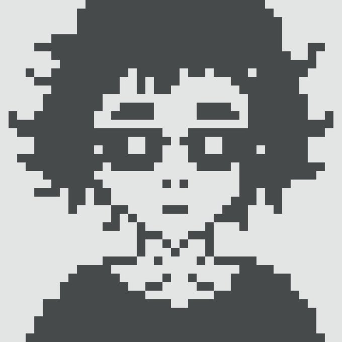 A pixel art portrait of a dark-haired character with detailed eyes and a choker necklace, rendered in black and white blocky pixels.