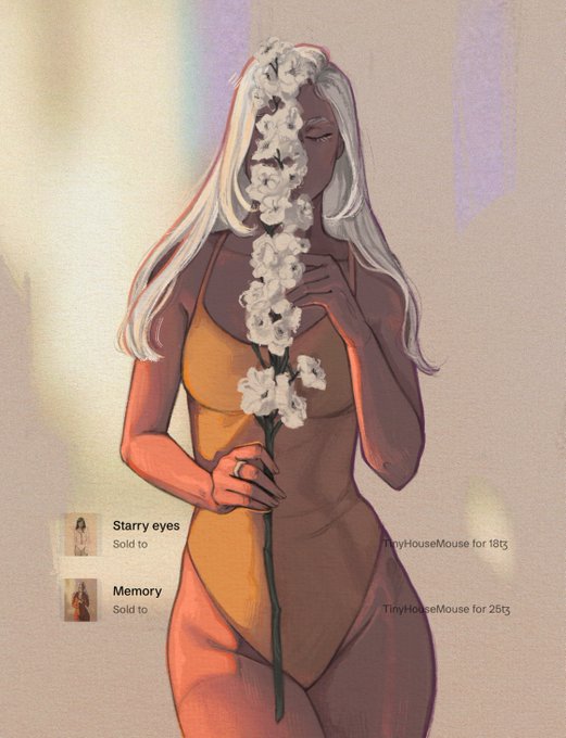 An illustration of a blonde woman in a yellow dress holding a tall stem of white flowers that obscures her face, with small 'Sold to' labels noting 'Starry eyes' by TinyHouseMouse for 18t₮ and 'Memory' for 25t₮.