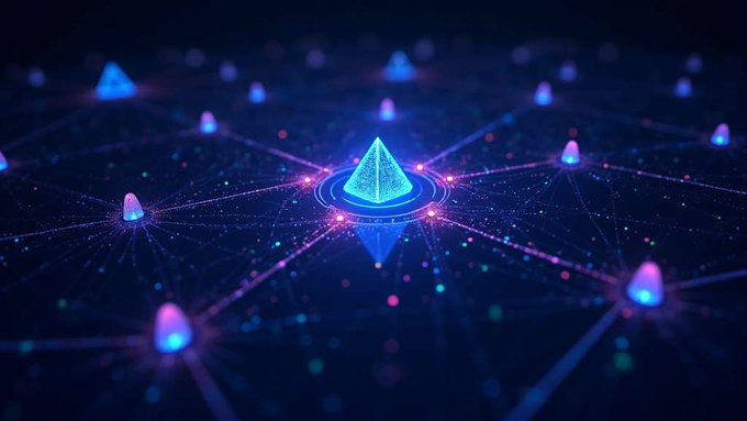 A futuristic digital visualization depicts a glowing central pyramid connected to multiple smaller illuminated nodes across a dark blue network grid.