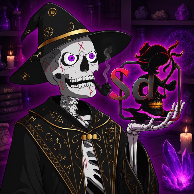 A skeleton wizard wearing a pointed hat and robes holds a glowing 'Sdr' logo featuring a spider-skull design in a mystical purple room with candles and crystals.