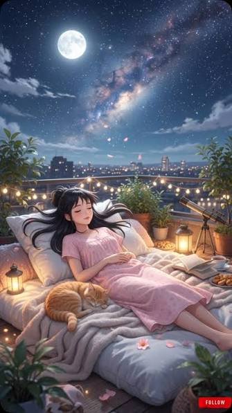 A serene anime-style illustration shows a girl in a pink dress resting on a cozy rooftop bed under a starry night sky, accompanied by a sleeping orange cat and surrounded by string lights, potted plants, and a telescope. The image visually echoes the post's "Good Night" message and themes of calm consistency, while a small "FOLLOW" button appears in the bottom right corner.
