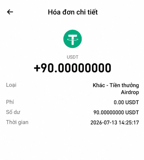 A Vietnamese transaction receipt ("Hóa đơn chi tiết") showing a +90.00000000 USDT reward airdrop dated 2026-07-13, with a 0.00 USDT fee.