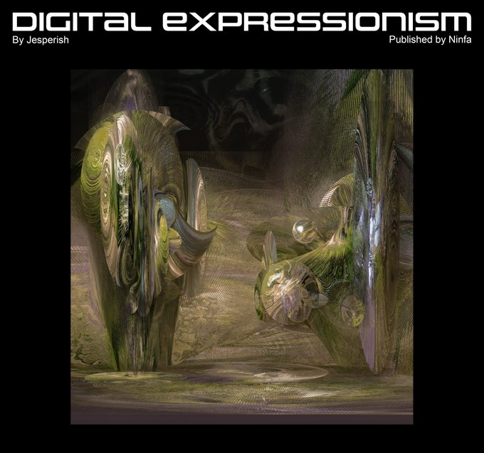 A digital expressionism artwork featuring surreal, translucent organic forms in green and gold tones against a dark background. The image is titled "DIGITAL EXPRESSIONISM" by Jesperish and published by Ninfa, tied to the Katama Collection announcement for July 30th on @Ninfa_io.