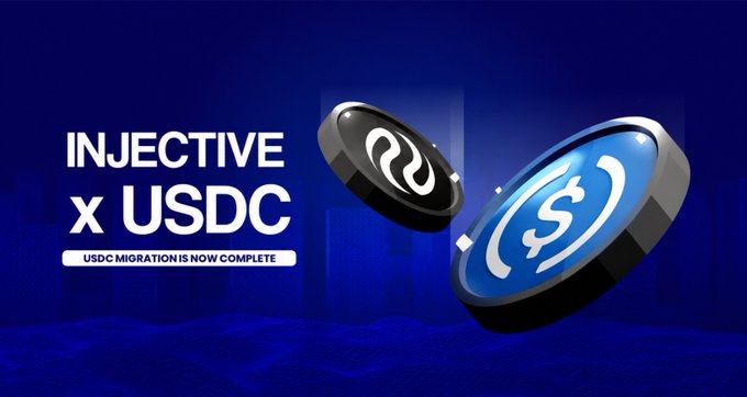 The image features an advertisement for a cryptocurrency called "injective" with two coins, one blue and one black, floating in midair against a blue background. The text at the bottom of the image reads, "Injective x @USDC migration is now complete". This suggests that the migration of the cryptocurrency to USDC has been successfully completed.