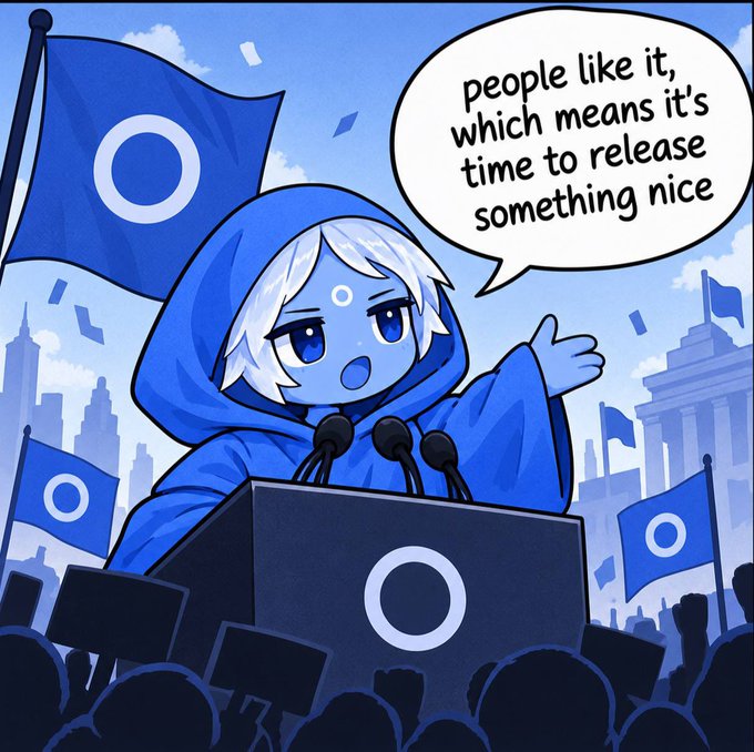 A blue-toned cartoon illustration of a hooded character at a podium speaking to a crowd, with the speech bubble reading 'people like it, which means it's time to release something nice', surrounded by blue flags.