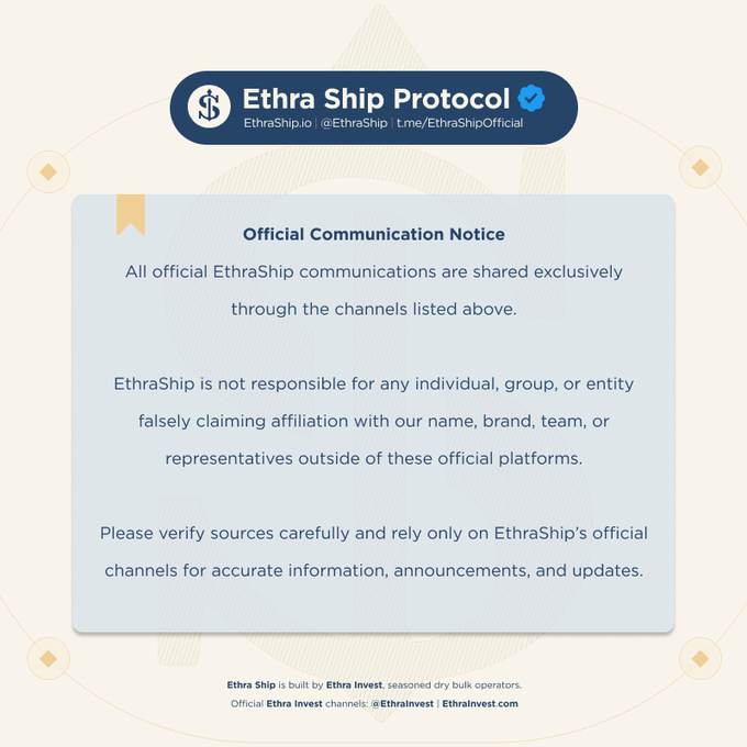 The image displays an "Official Communication Notice" from Ethra Ship Protocol, confirming that all official EthraShip communications are shared exclusively through their listed channels (EthraShip.io, @EthraShip on social media, and t.me/EthraShipOfficial), while warning users about unaffiliated imposters and crediting Ethra Invest as the builder behind the protocol.

This notice serves as a trust and verification tool, reinforcing the legitimacy of official EthraShip channels—relevant context for the post, which discusses the broader RWA tokenization process and signals to readers where they can find accurate, verified information about the project as it continues developing.