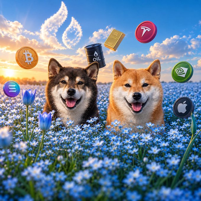 Two cheerful Shiba Inu dogs sit in a vibrant field of blue forget-me-nots under a sunset sky, surrounded by floating icons representing various assets including a Bitcoin (B) coin, an "OIL" barrel, a "GOLD" bar, the Tesla logo, Apple logo, and crypto-related symbols, capturing the playful, "good morning" vibe of the post before market action begins.