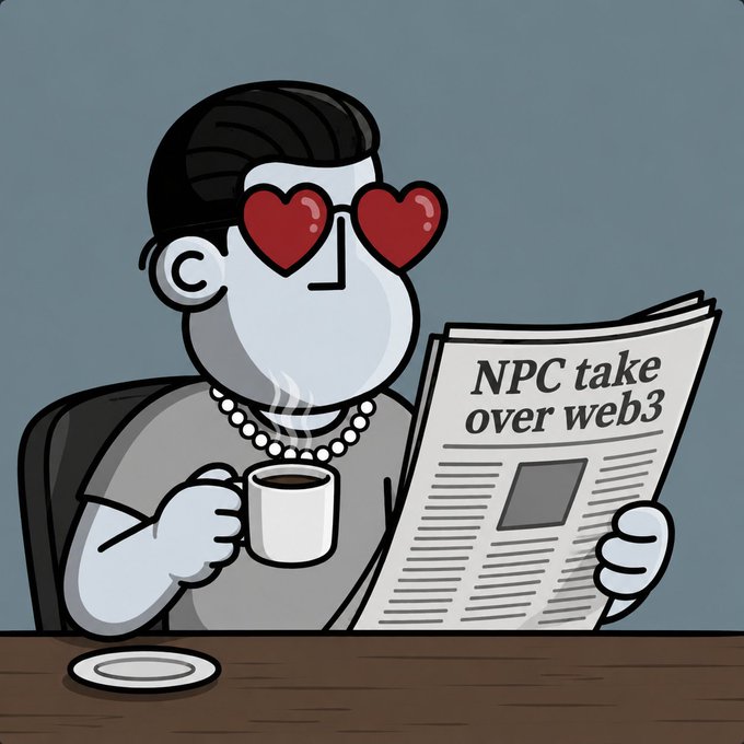 A cartoon illustration of a grey-skinned NPC character with red heart-shaped sunglasses reading a newspaper titled 'NPC take over web3' while holding a coffee cup.