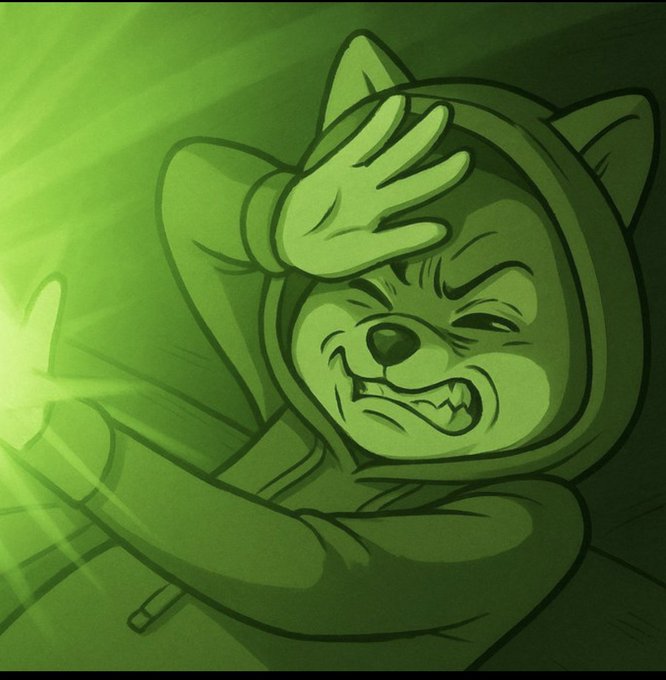 A stylized green-tinted illustration of a dog in a hoodie squinting and shielding its eyes from a bright green light, evoking a meme aesthetic.