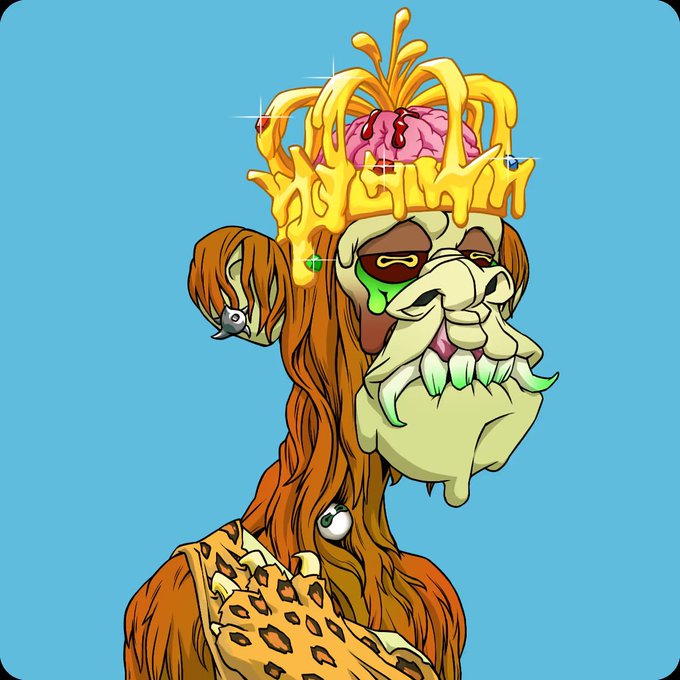 A cartoon-style illustration of a grotesque zombie-like creature with long orange hair, a melting yellow crown, green dripping teeth, and a leopard print garment.