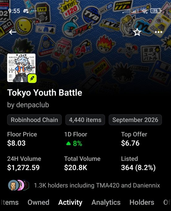 A mobile screenshot of the OpenSea NFT listing page for "Tokyo Youth Battle" by denpaclub shows a 4,440-item collection on Robinhood Chain with a floor price of $8.03, 1D floor up 8%, and $20.8K total volume. The post highlights the collection's reveal day, noting stable pricing and positive reception of the anime-style artwork, while emphasizing the shift away from "stake to earn" mechanics on Robinhood.