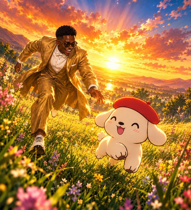 An animated scene of a man in a tan suit running joyfully through a wildflower field at sunset alongside a cute cartoon dog wearing a red beret.
